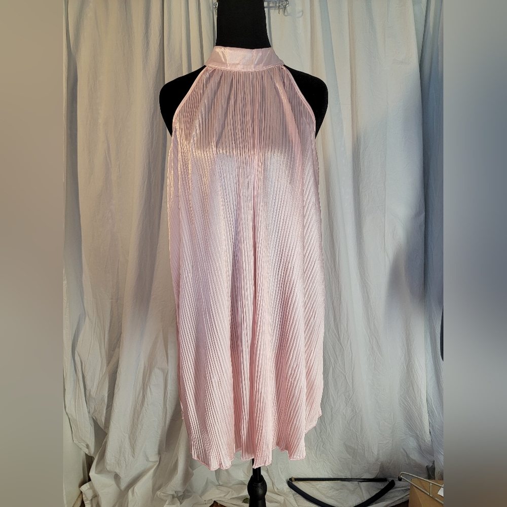 Pink Satin Pleated Halter Midi Dress